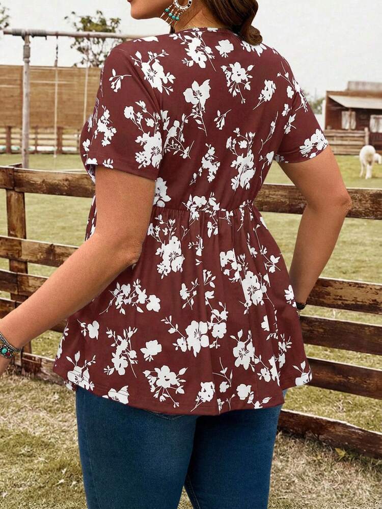 Plus Size Women Floral Print V-Neck Short Sleeve T-Shirt,Vacation,Boho
