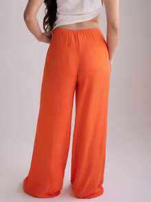 Andrea Bello 抽绳腰部亚麻外观褶边阔腿休闲裤伊比沙岛性感度假春夏节日沙滩装浪漫优雅生日婚礼宾客机场 - 橘色 - 查看 2