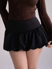 Andrea Bello 女士純色高腰荷葉邊迷你裙 - 黑色 - 查看 6