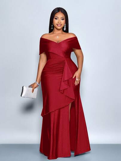 SOLERSUN Vestido azul marino elegante con hombros descubiertos y volantes en el bajo para mujer de talla grande, adecuado para fiestas de Navidad, vacaciones, citas y San Valentín, atuendos de club sexy, vestido largo, vestido elegante para mujer, vestido de fiesta, vestido formal, vestido blanco, vestido de noche de lujo para mujer, vestido de invitada de boda, 2026, Año Nuevo