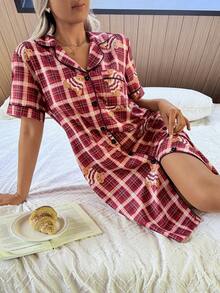 Napfluff 泡泡褶皱格子熊领衬衫睡衣 - 棕色 - 查看 4