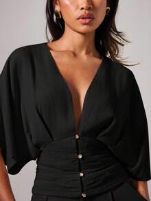 COSMINA Women's Elegant Batwing Sleeve Ruched Metal Button V-Neck Blouse - Black - View 7