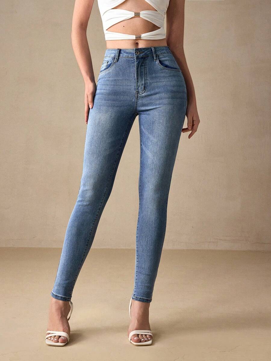 Selenza Quần jean denim rách cạp cao co giãn dành cho nữ cỡ lớn, kiểu vintage, dáng ôm sát, ống quần thon gọn. - Rửa trung bình - Xem 1