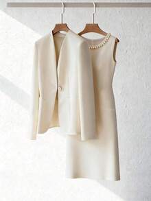 Franclia Conjunto de 2 piezas para mujer talla grande, blanco, otoño, elegante, traje casual de negocios para invitada de boda, vestido mini sin mangas con cuello redondo y cuentas & chaqueta blazer, albaricoque - Albaricoque - Ver 1