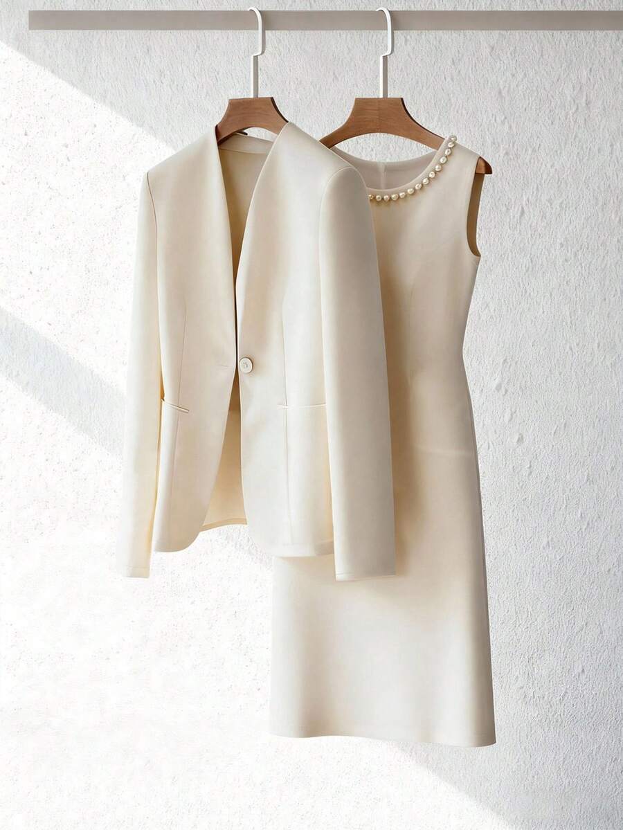 Franclia Conjunto de 2 piezas para mujer talla grande, blanco, otoño, elegante, traje casual de negocios para invitada de boda, vestido mini sin mangas con cuello redondo y cuentas & chaqueta blazer, albaricoque - Albaricoque - Ver 1