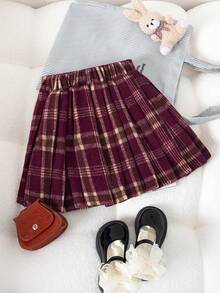 Genkimix Kids 秋冬新款时尚学院风女童格子A字百褶裙，简约优雅的穿搭 - 紅色 - 查看 2