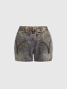 ROMWE Grunge Punk Spring And Summer Punk Y2K Leopard Print Metal Rhinestone Chain Decor Mini Denim Shorts, Subculture Leopard Punk Plus Size Denim Shorts - Black - View 2