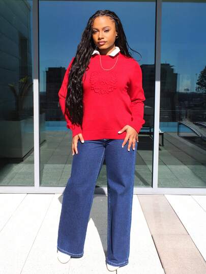 Steph T 女士休闲花卉刺绣针织红色毛衣，冬装，圣诞服装，新年女装，复古风女装，女士圣诞装