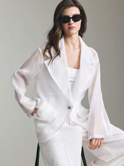 Ontre 2026 Spring/Summer Women's Lapel NeckLong Sleeve Single-Button Thin Blazer Jacket, Woven Fabric, Suitable For Valentine's Day, Wedding Season, Office Wear, Holiday Outfit