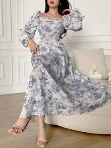 Feyla Đầm nữ thanh lịch in hoa phối ren tay phồng - Xanh và trắng - Xem 3