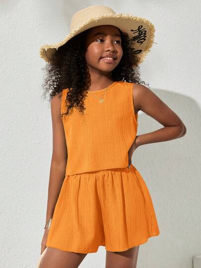 SHEIN NovaGlow Tween Girl Tween Girls' Casual Solid Color Sleeveless Woven Top And Shorts Set, Spring/Summer