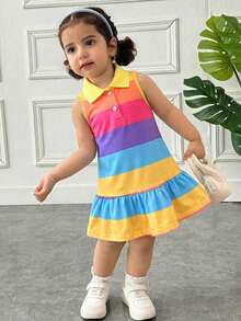 SHEIN Baby Girl Casual & Homewear Cute Rainbow Striped Button Front Ruffle Hem A-Line Dress T-Shirt Dress Polo Dress - Multicolor - View 3