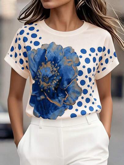 Balvessa Fashionable Casual Printed Knit Short Sleeve Summer Top, Versatile T-Shirt