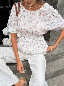Women's Floral Print Casual Vacation Style Fitted Waist Butterfly Tie Shirt, Spring/Summer Boho - White - View 6