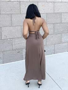 Alexandranx 露背高开衩修身连衣裙，适合新年服装，长款女装，女式晚礼服，女式连衣裙，女式优雅连衣裙 - 咖啡棕 - 查看 2