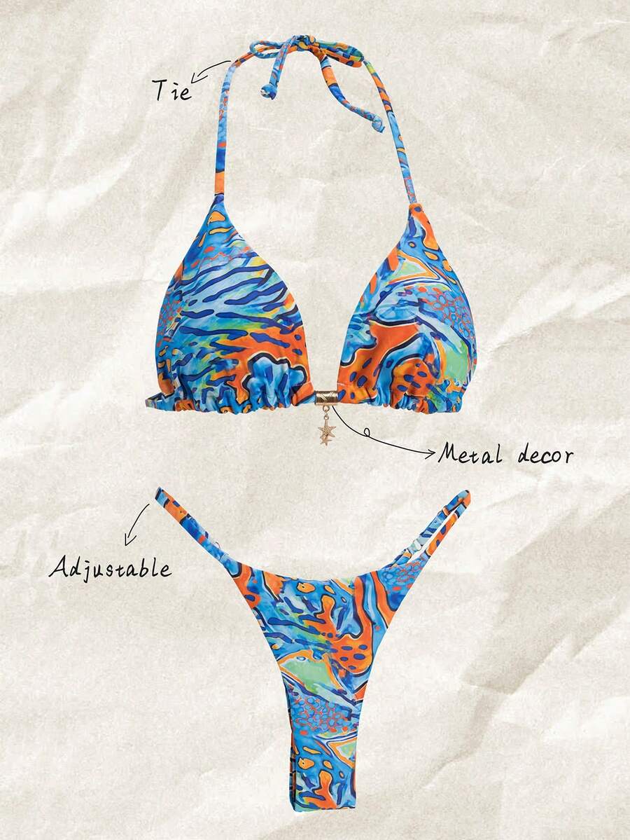 Elavelle Springbreak Women Random Print Spaghetti Strap Sexy Bikini Sets For Summer Beachwear - Multicolor - View 1