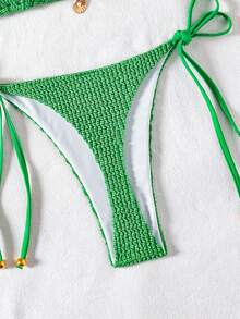 Swim Vcay Women's Summer New Vacation Style Halter Tie Pants Side Tie Chiffon Bikini Set - Green - View 5