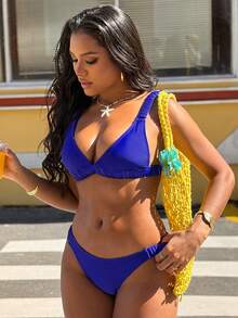 Vaytide Springbreak Women's Fashion Summer Beach Solid Cornflower Blue Ruched Sexy Bikini Set - Royal Blue - View 7