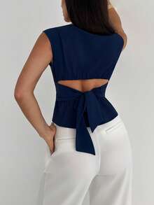 Aloruh 女士休闲纯色无袖衬衫 - 藏蓝色 - 查看 8