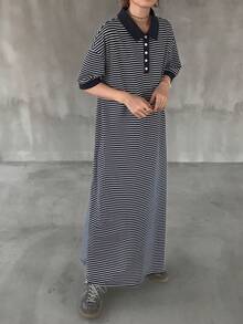 FRIFUL Vestido casual recto de tela a rayas con cuello polo y media cremallera para mujer - Blanco y Negro - Ver 3
