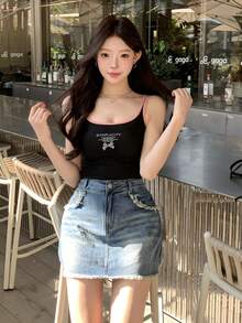 DAZY 女士高腰带口袋毛边休闲短牛仔裙裤 - 中等水洗藍 - 查看 11