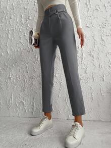 High Waisted Belted Dress Pants With Slanted Pockets - Dark Grey - View 4