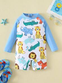SHEIN Bubblio Unisex Baby Cute Animal & Stripe Print Long Sleeve Cover Up, Suitable For Outdoor, Swimming, Hot Spring, Beach, Surfing, Spring/Summer - Multicolor - View 4