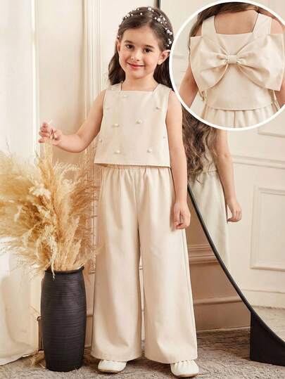 SHEIN Young Girl Casual Elegant Sweet Cute Fitted Round Neck Backside Big Bow Decor Pearl Sleeveless Blouse & Wide Leg Solid Color Pants Set