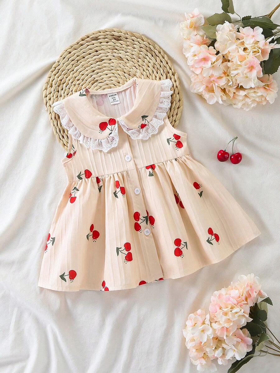 Young Girls' Cherry Print Sleeveless Tank Top With Ruffle Trim - Young Girl' Shirt - Apricot - View 1