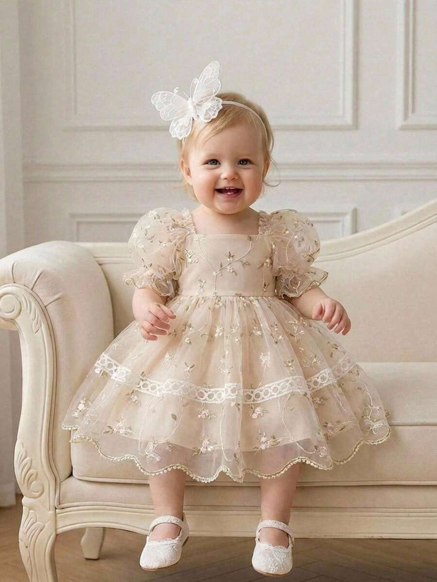 SHEIN Vestido de princesa elegante y lindo para bebé, vestido de manga corta con bordado floral de malla - Amarillo - Ver 1