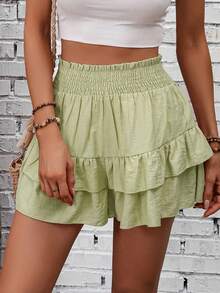 Breezaya 女士纯色腰带荷叶边裙裤，度假款 - 綠色 - 查看 3