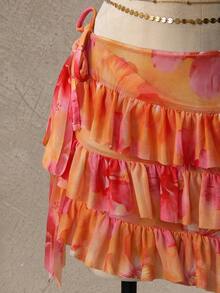 Bellisia Women's 3-Piece Floral Print Sexy Spaghetti Strap V-Neck Halter Bikini Top, Tie Side Triangle Bottoms, And Ruffle Hem Skirt Swimsuit Set, Summer - Multicolor - View 6