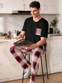 SHEIN 男士格子印花口袋短袖睡衣套装 - 黑色 - 查看 4