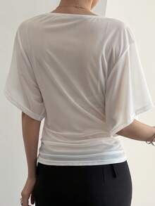 DAZY Women's Solid Color V-Neck Overlap Casual Versatile Commute Short Sleeve T-Shirt Summer - White - View 4