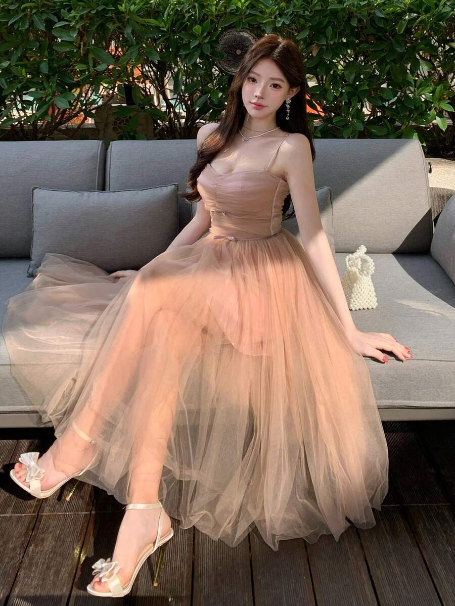 DAZY 女士蕾丝面料吊带芭蕾舞裙，饰有蝴蝶结，修身薄纱连衣裙 - 藕粉色 - 查看 1