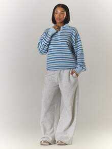 MUSERA Áo polo tay dài cổ bẻ cài nút, dáng rộng, kẻ sọc, phong cách mùa xuân, dễ thương, thường ngày, kiểu Y2K 90, áo len kẻ sọc dáng rộng, áo len oversized, áo len sân bay, áo len đi học, áo len mùa đông, áo len mặc hàng ngày, áo len dự tiệc tối, áo len thanh lịch mùa xuân. - Màu xanh lam - Xem 2