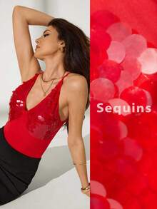 Lyxana Women's Sequin Patchwork Deep V-Neck Red Fashionable Camisole Top - Red - View 1