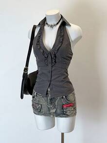 Jeanoix 女士性感深V修身办公室通勤极简系带露背衬衫 - 灰色 - 查看 3