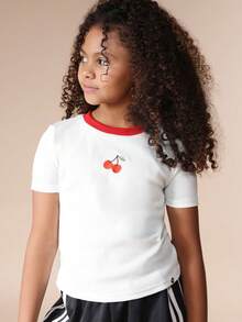 SUMWON Cherry Embroidered Ribbed Short Sleeve Crew Neck Ringer Tee With Contrast Red Trim Summer Casual Top Vacation - White - View 3