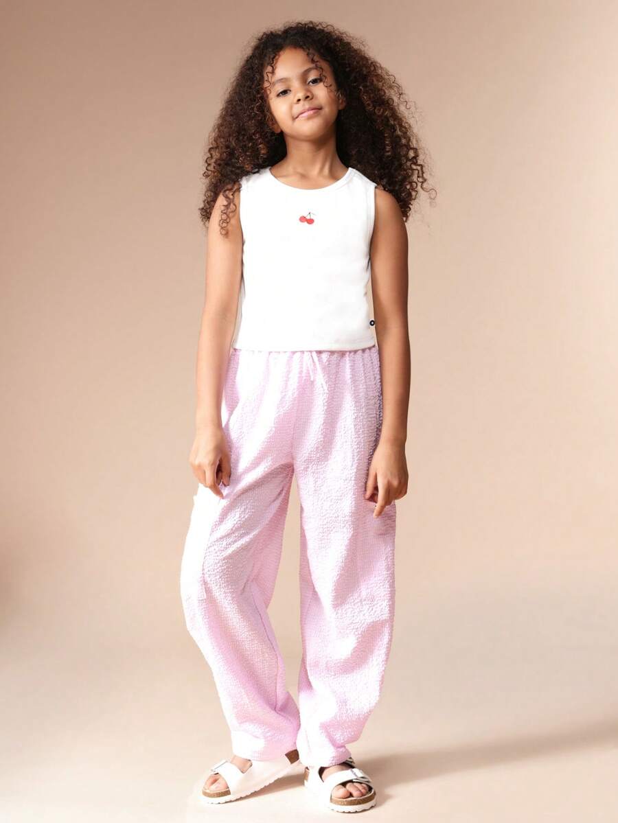SUMWON Tween Cherry Print Tank Top And Sequin Wide Leg Pants Two Piece Summer Co Ord Set Casual Outfit - White - View 1