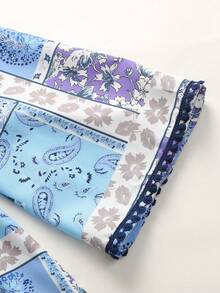 SHEIN Đầm dài tay dài cổ đứng in họa tiết chắp vá dáng rộng dành cho bé gái tuổi teen, thích hợp đi nghỉ mát. - Màu xanh lam - Xem 2