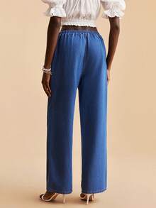 Travachic 女士休闲系带阔腿牛仔裤 - 中等水洗藍 - 查看 4