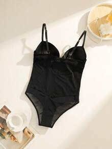 NudeFit 女士休闲纯色格子提花钢圈连体裤一件装 - 黑色 - 查看 2