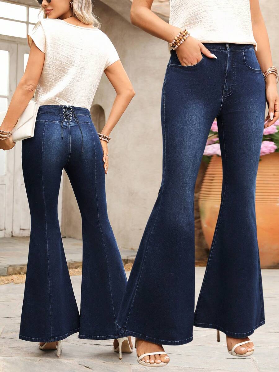 Breezaya Quần jeans nữ ống loe ôm sát, buộc dây, gợi cảm, phù hợp cho mọi mùa. - Rửa tối - Xem 1