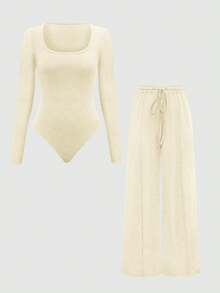 Franclia Bộ 2 món áo liền quần dài tay ôm dáng cổ vuông màu trơn - Màu Khaki - Xem 3