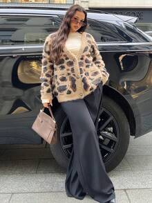 NegzBox 女士休闲日常豹纹提花V领开衫，秋冬，长袖上衣，秋季女装 - 咖啡棕 - 查看 5