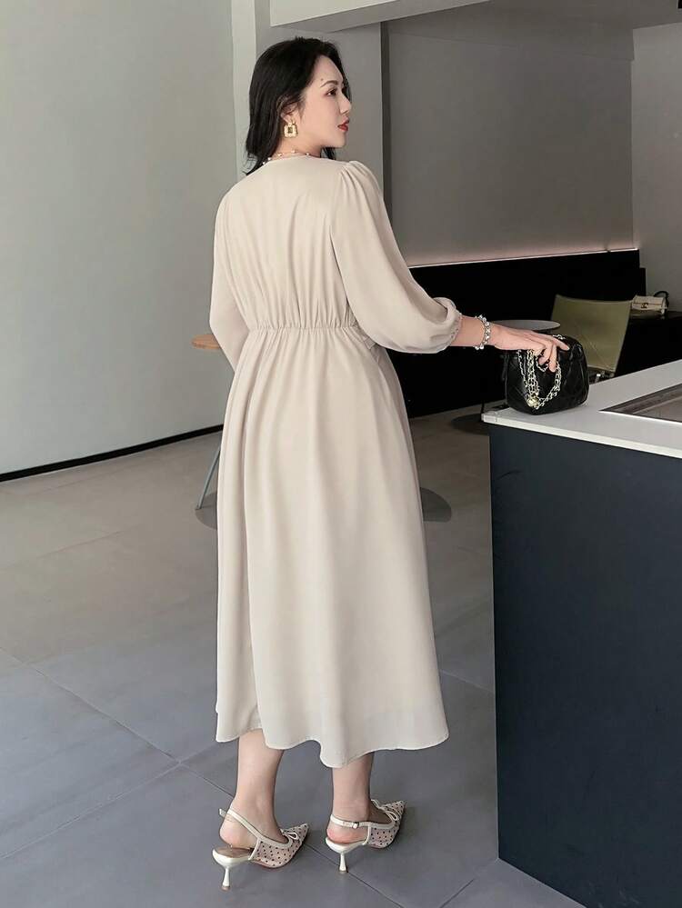 Dazy Plus Plus Size Women Solid Color Twist Design Lantern Sleeve Elegant Dress Maxi Dress Sundress