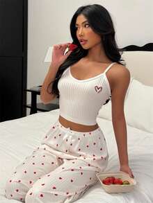SHEIN Women's Sleepwear Set With Embroidered Heart, Ribbed Camisole And Shorts With Bow Accent