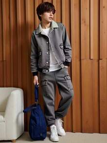 SHEIN Casuvi Kids 青少年男孩牛仔夹克，羊毛领和袖口，搭配宽松直筒牛仔裤，男孩时尚牛仔套装