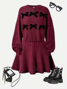 Tween GirlsRed Loose Puff Sleeve Top And Skirt Set, Fashionable For Back To School Wear In Autumn/Winter - Burgundy - View 4